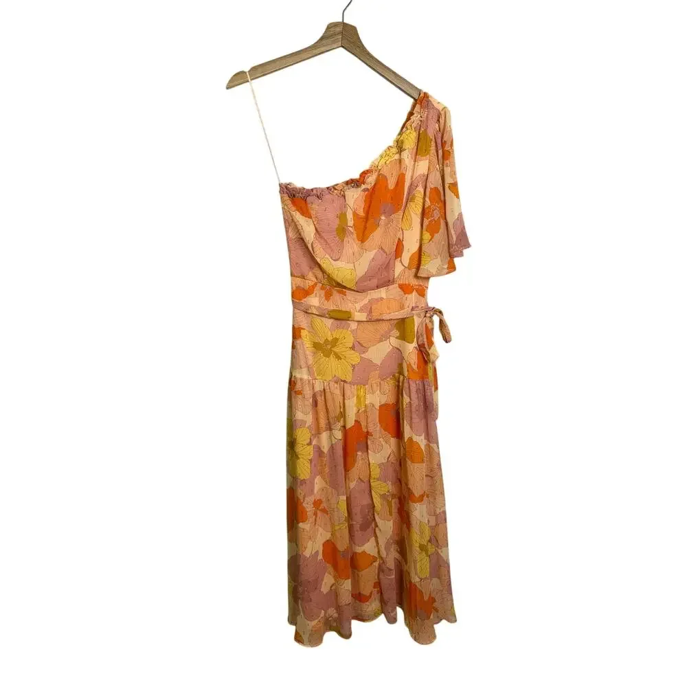 TAYLOR Floral Asymmetric One Shoulder Short Sleeve Ruffle Trim Long Sz 4